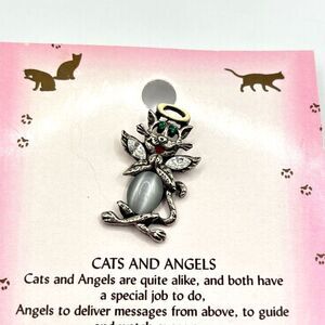 Silver Angel Cat Lapel Pin Rhinestone Animal Angel Brooch